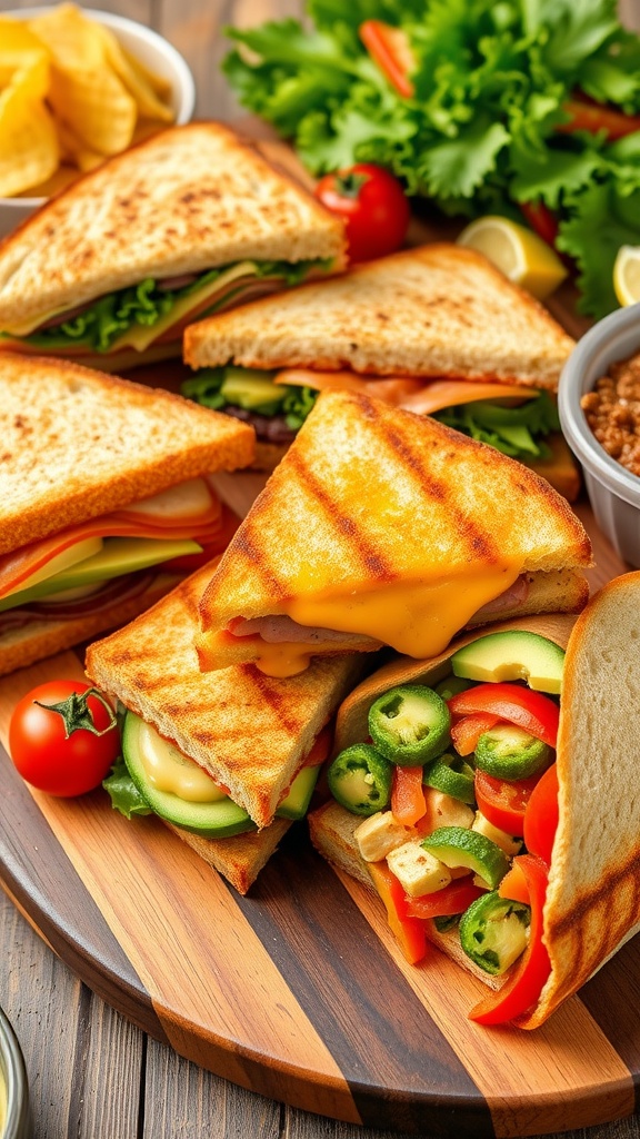 An assortment of creative sandwiches including a turkey avocado club, grilled cheese, and Mediterranean veggie wrap on a rustic platter.
